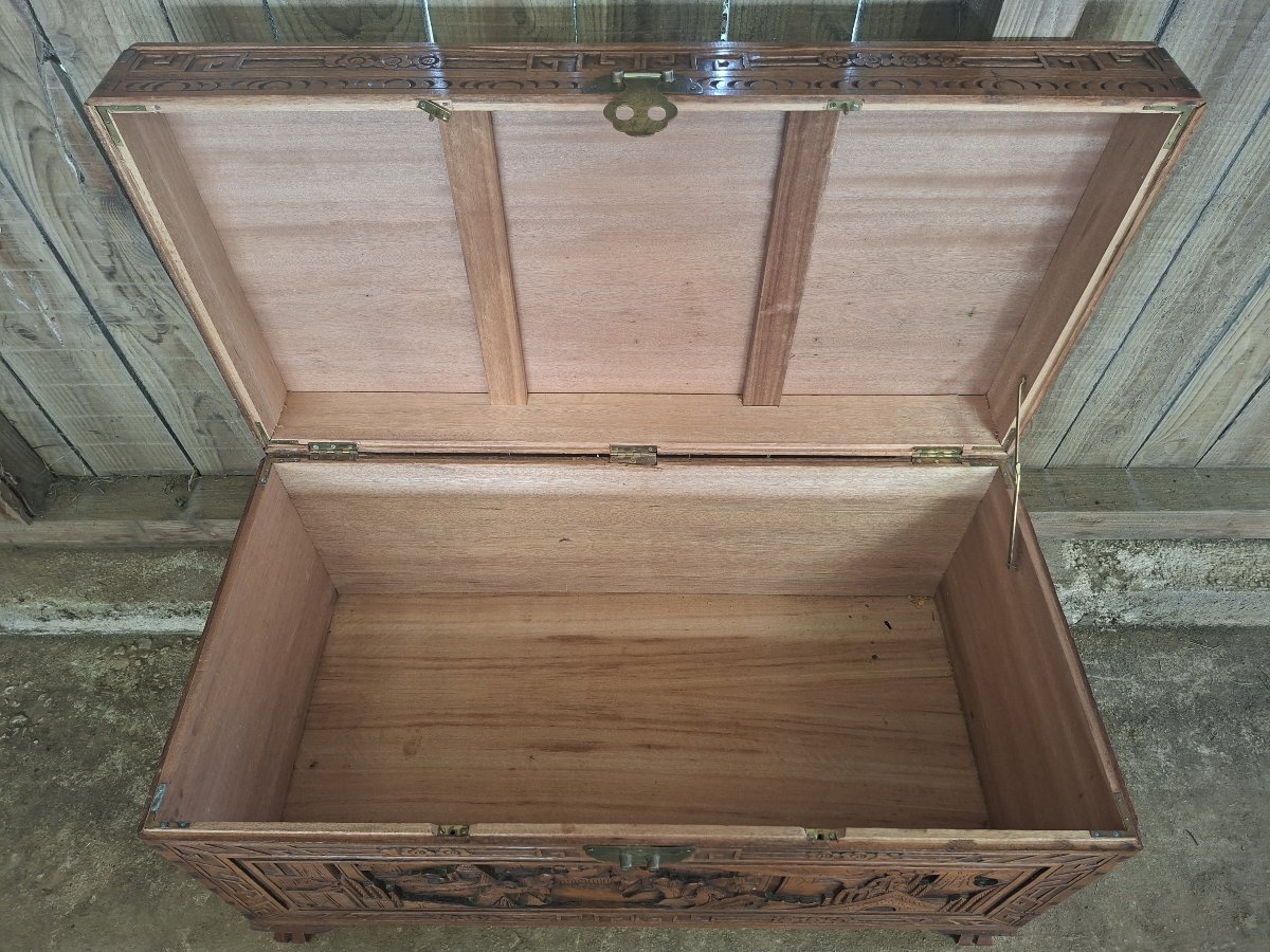 20th-century Asian Chest Made Of Camphor Wood, Richly Carved And Decorated With Traditional Motifs-photo-5