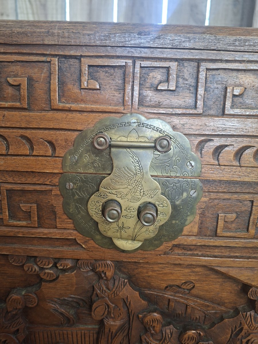 20th-century Asian Chest Made Of Camphor Wood, Richly Carved And Decorated With Traditional Motifs-photo-6
