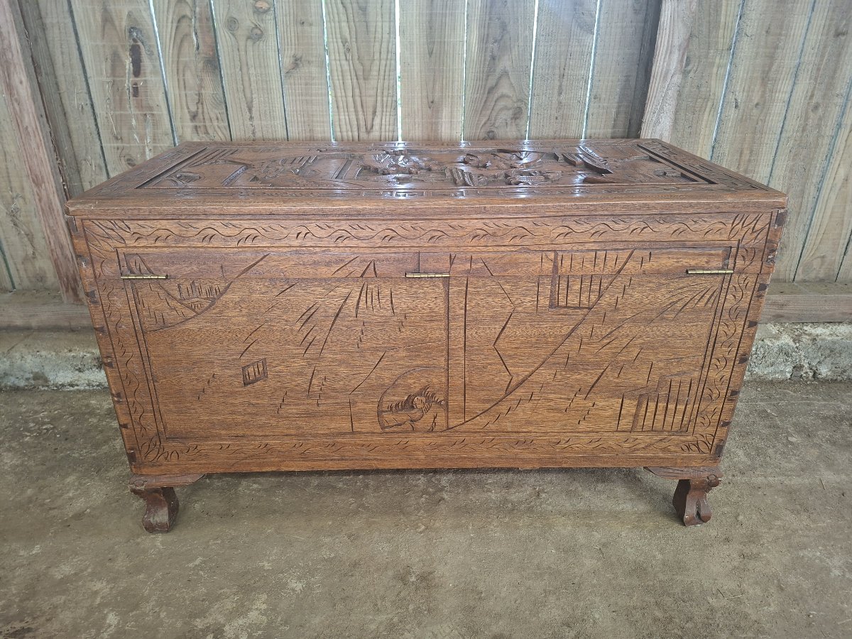 20th-century Asian Chest Made Of Camphor Wood, Richly Carved And Decorated With Traditional Motifs-photo-7