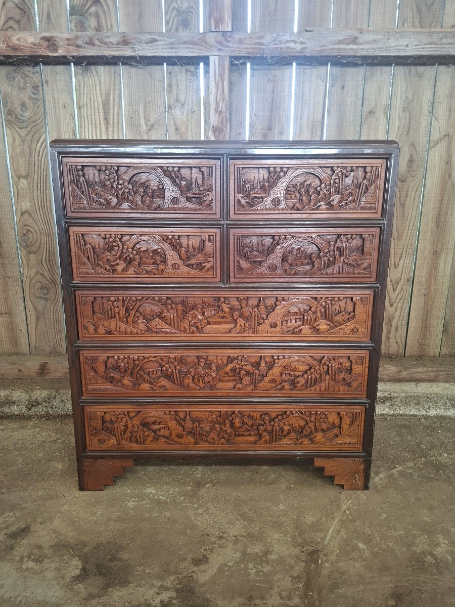 Asian Carved Wooden Chest Of Drawers / Dresser – 20th Century -photo-2