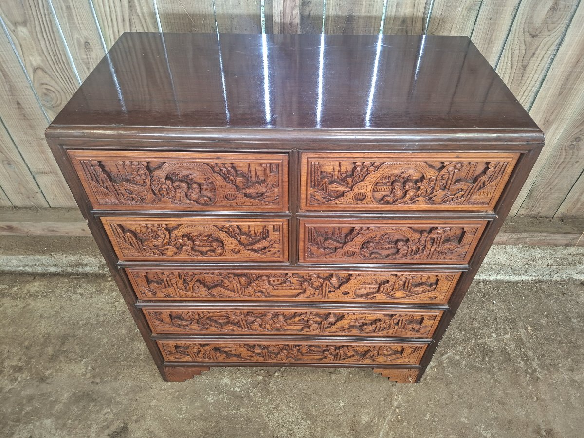 Asian Carved Wooden Chest Of Drawers / Dresser – 20th Century -photo-3