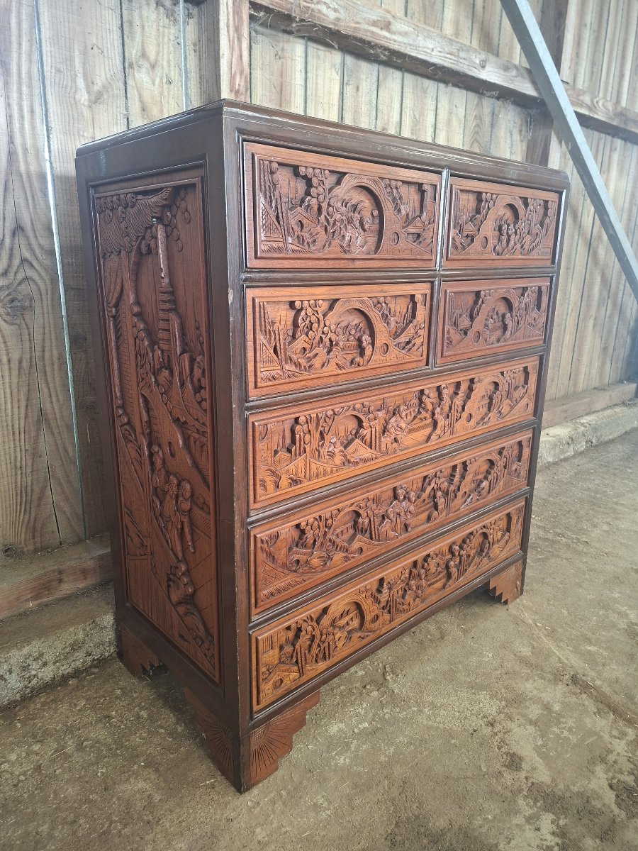 Asian Carved Wooden Chest Of Drawers / Dresser – 20th Century -photo-4