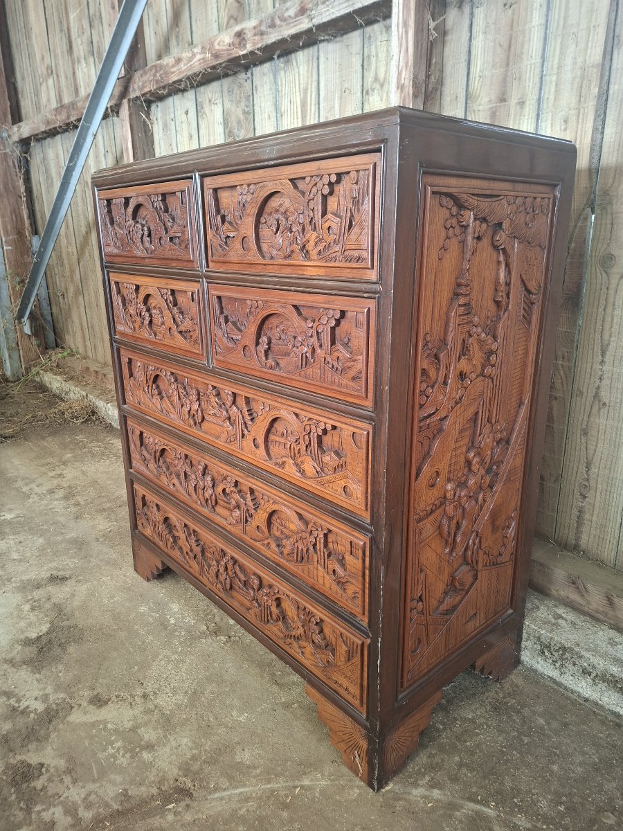 Asian Carved Wooden Chest Of Drawers / Dresser – 20th Century -photo-1