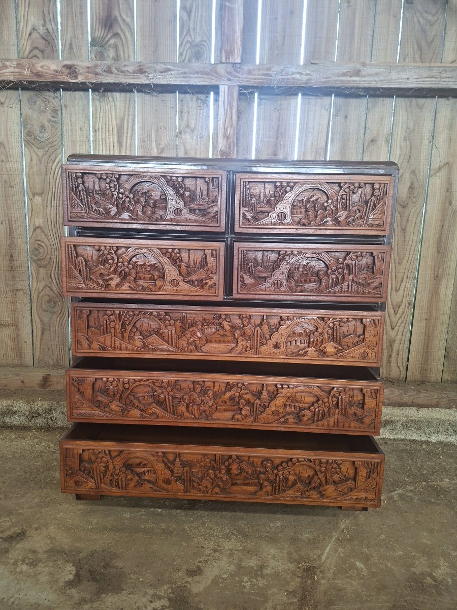 Asian Carved Wooden Chest Of Drawers / Dresser – 20th Century -photo-2