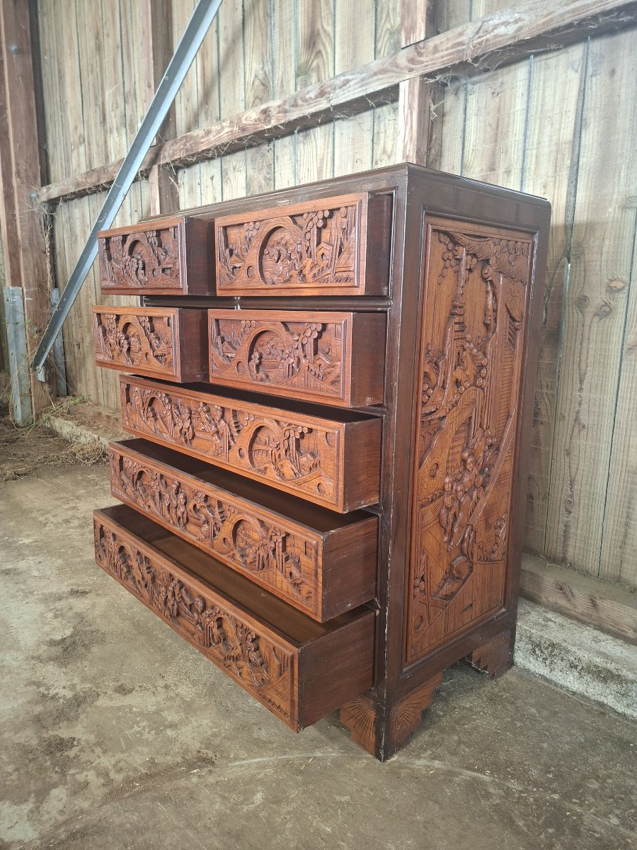 Asian Carved Wooden Chest Of Drawers / Dresser – 20th Century -photo-3