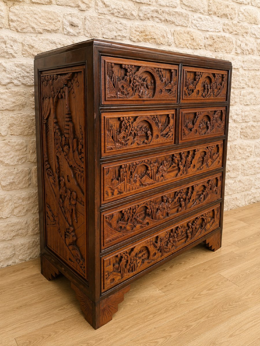 Asian Carved Wooden Chest Of Drawers / Dresser – 20th Century 