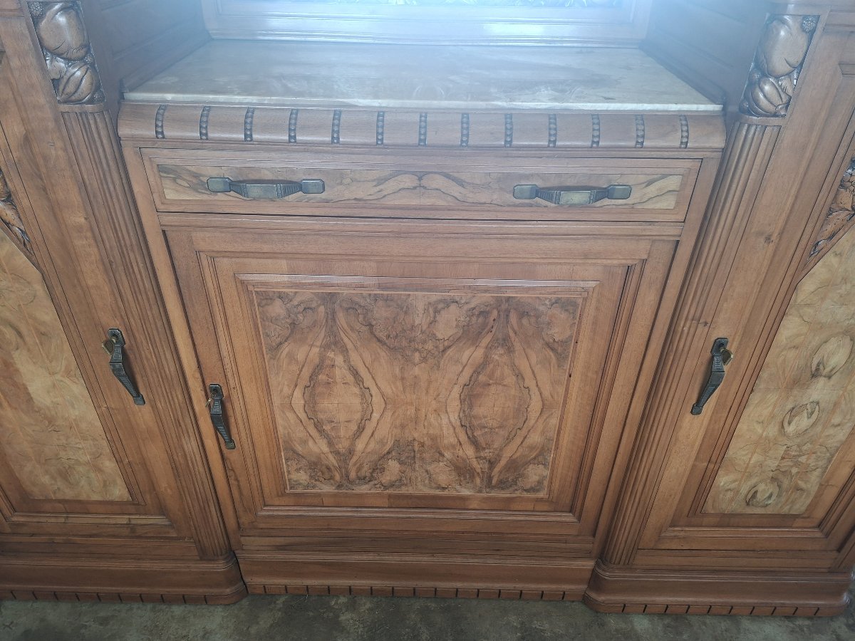 Buffet Art Déco en noyer sculpté avec miroir – vers 1930-photo-2