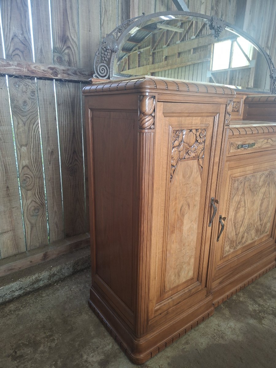 Buffet Art Déco en noyer sculpté avec miroir – vers 1930-photo-4