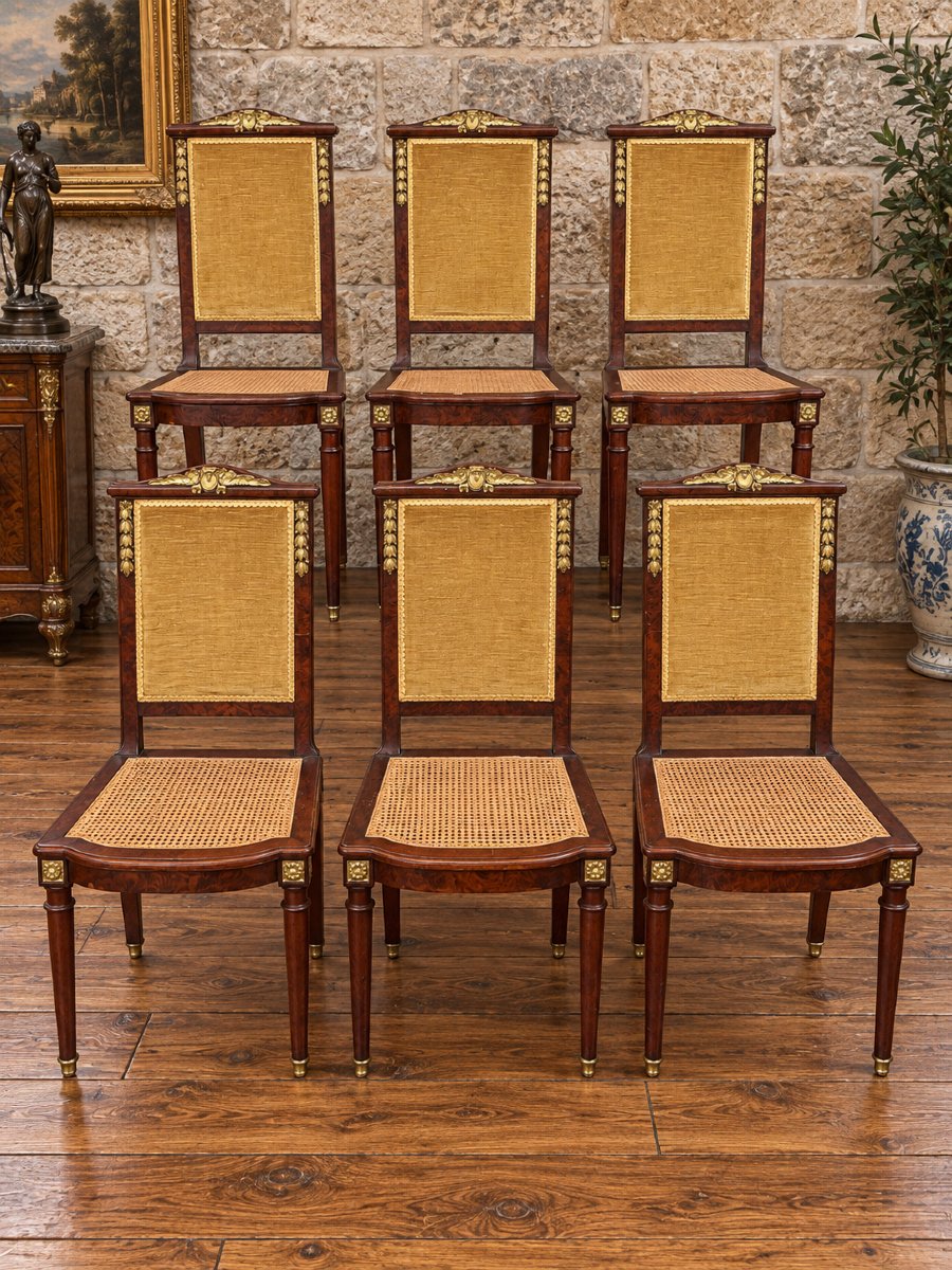 Suite de 6 chaises de salle à manger de style Empire – Acajou, bronzes dorés et cannage-photo-3