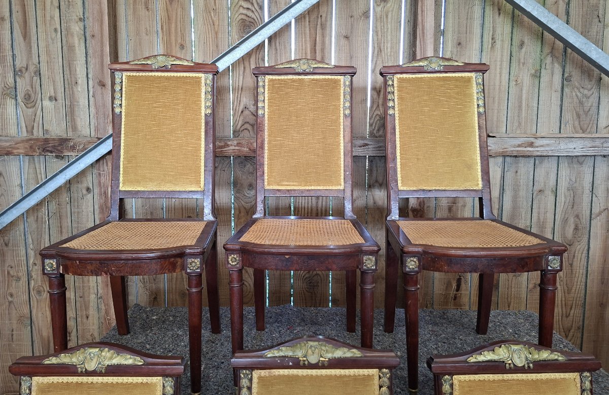 Suite de 6 chaises de salle à manger de style Empire – Acajou, bronzes dorés et cannage-photo-1