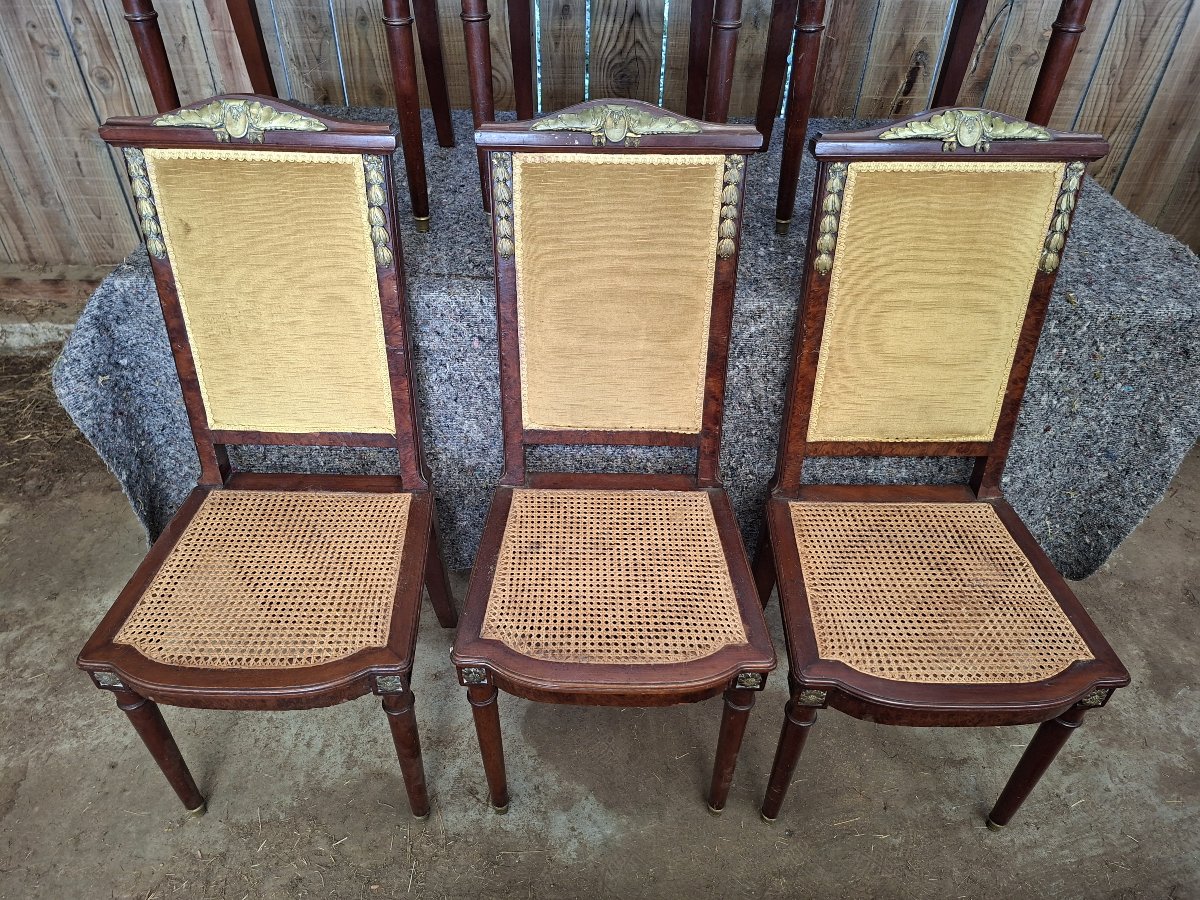 Suite de 6 chaises de salle à manger de style Empire – Acajou, bronzes dorés et cannage-photo-2