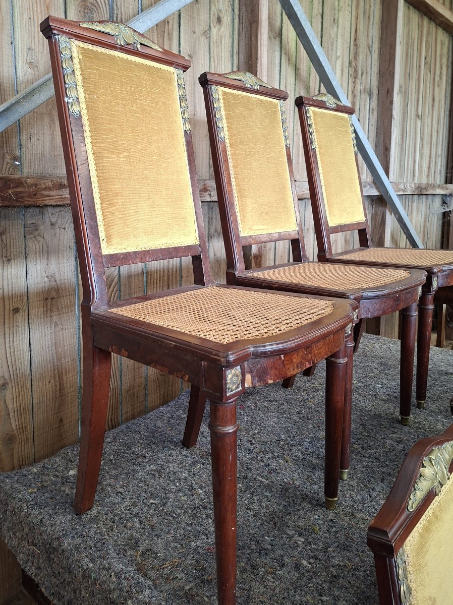 Suite de 6 chaises de salle à manger de style Empire – Acajou, bronzes dorés et cannage-photo-3