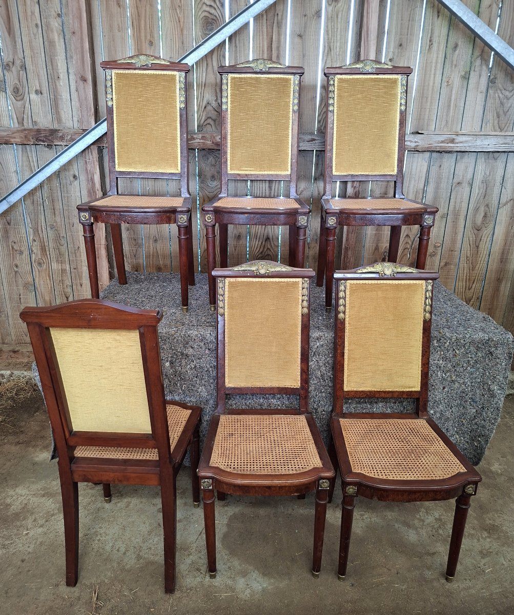 Suite de 6 chaises de salle à manger de style Empire – Acajou, bronzes dorés et cannage-photo-7