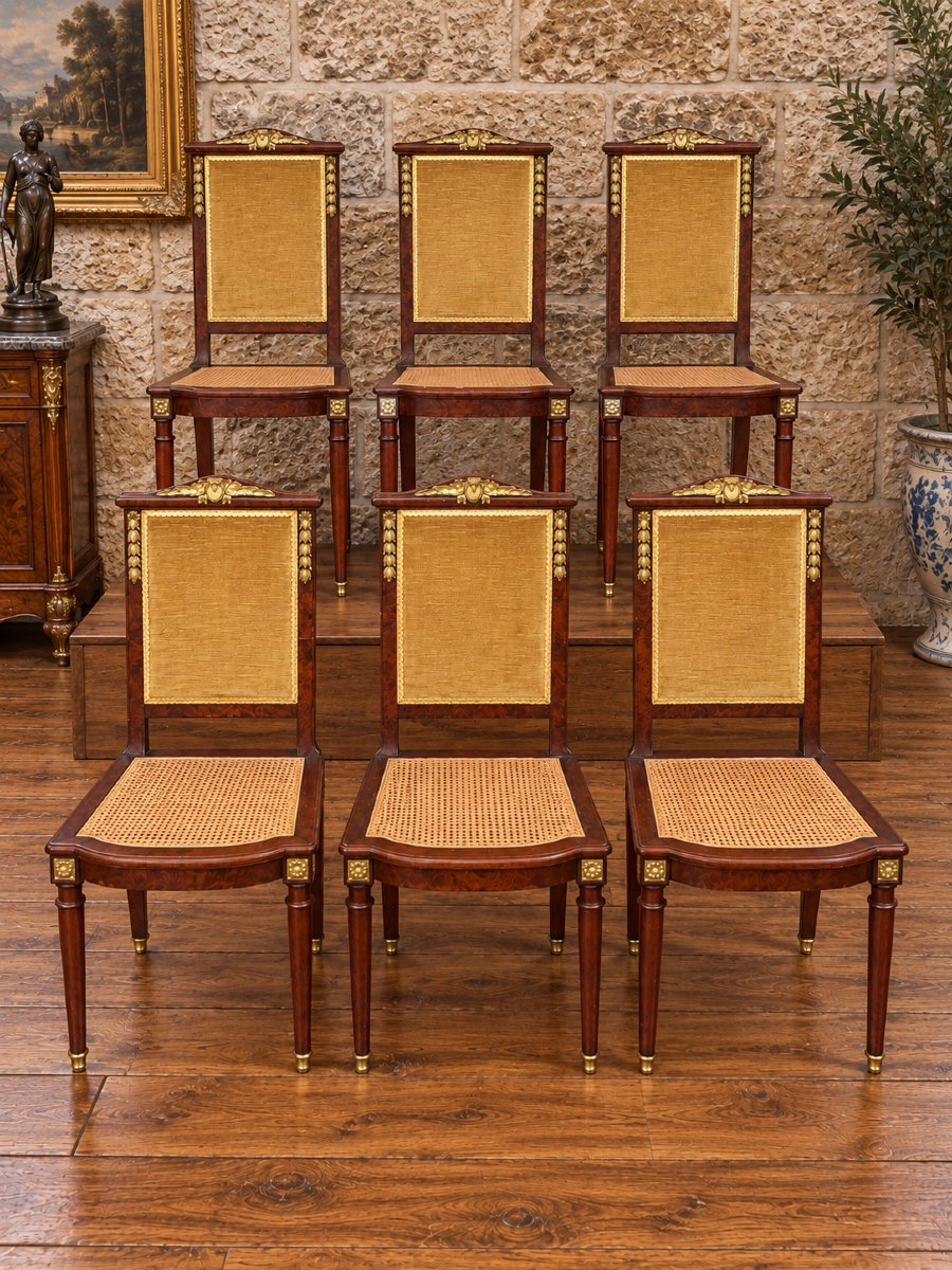 Suite de 6 chaises de salle à manger de style Empire – Acajou, bronzes dorés et cannage