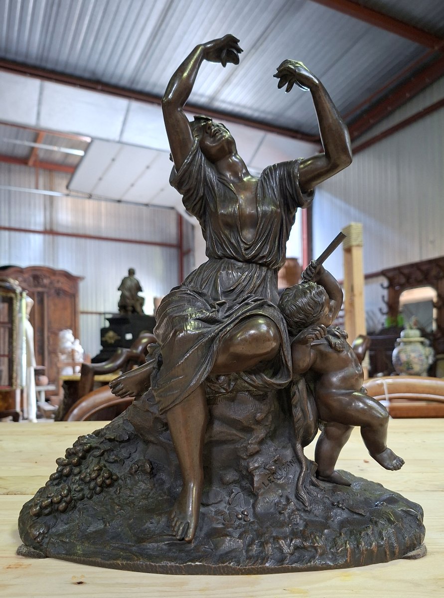 Importante sculpture en bronze – Femme dansant avec putto – Signée Lequesne – XIXe-photo-2