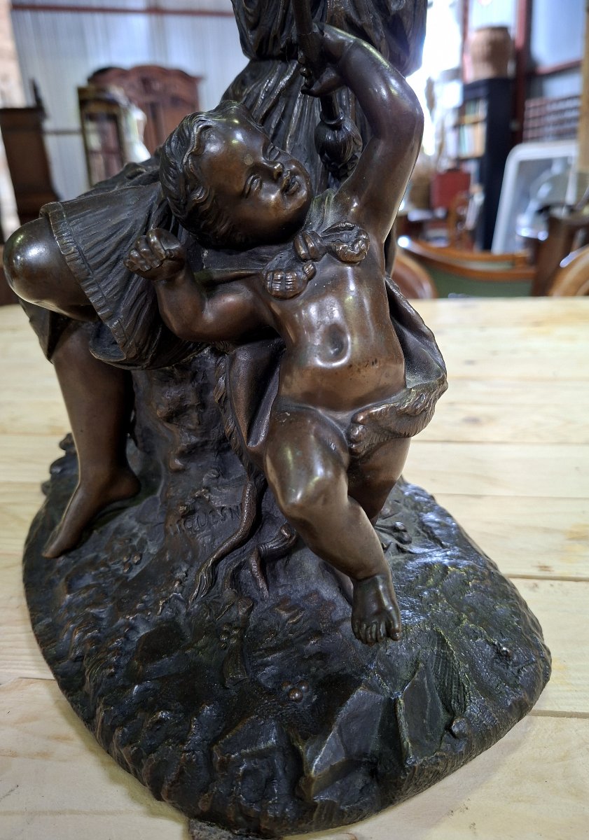 Importante sculpture en bronze – Femme dansant avec putto – Signée Lequesne – XIXe-photo-3