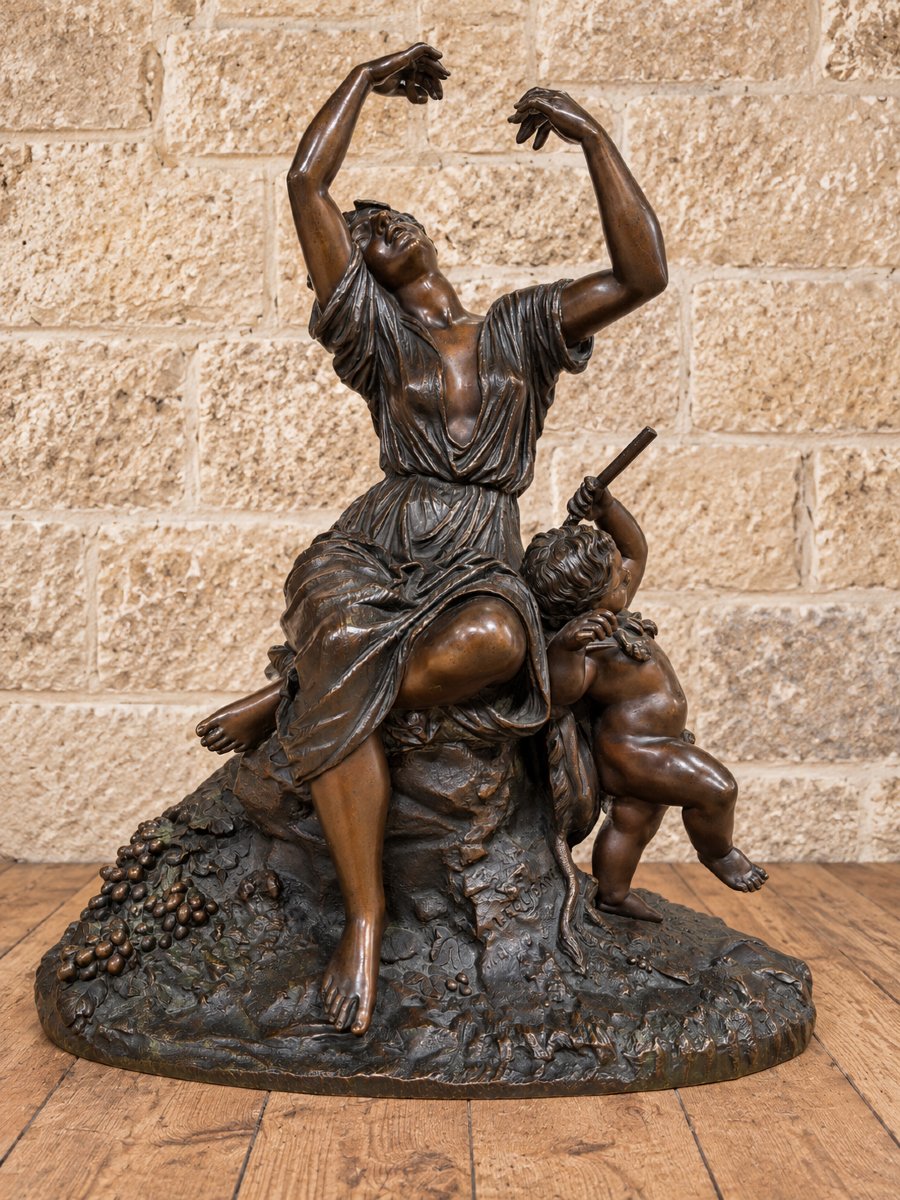 Importante sculpture en bronze – Femme dansant avec putto – Signée Lequesne – XIXe