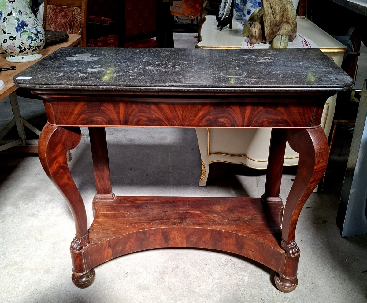 Vintage Console Table, Restored In Mahogany—marble Top—19th Century -photo-2