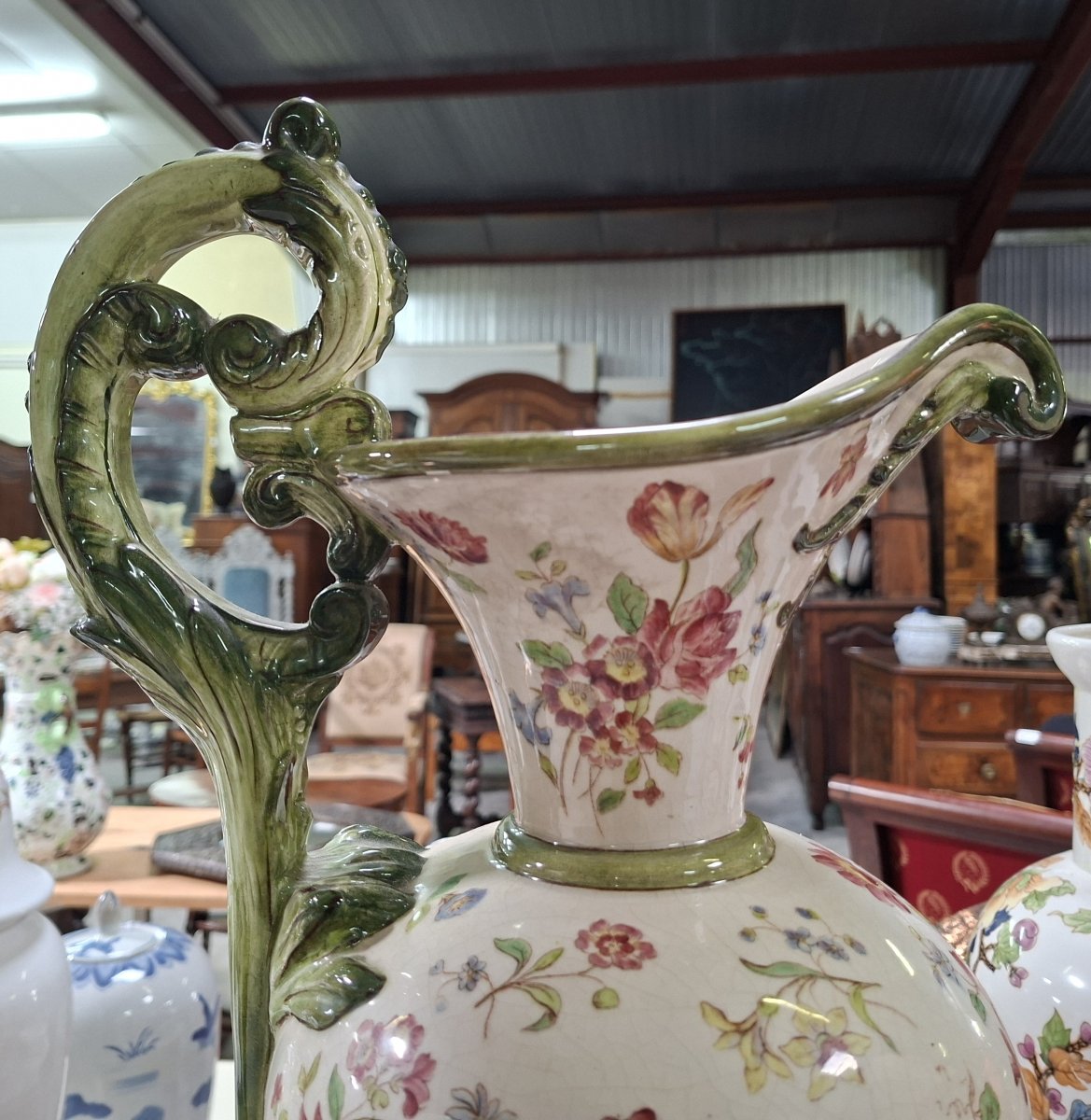 Large Polychrome Earthenware Ewer – Floral Design – Rocaille Style -photo-2
