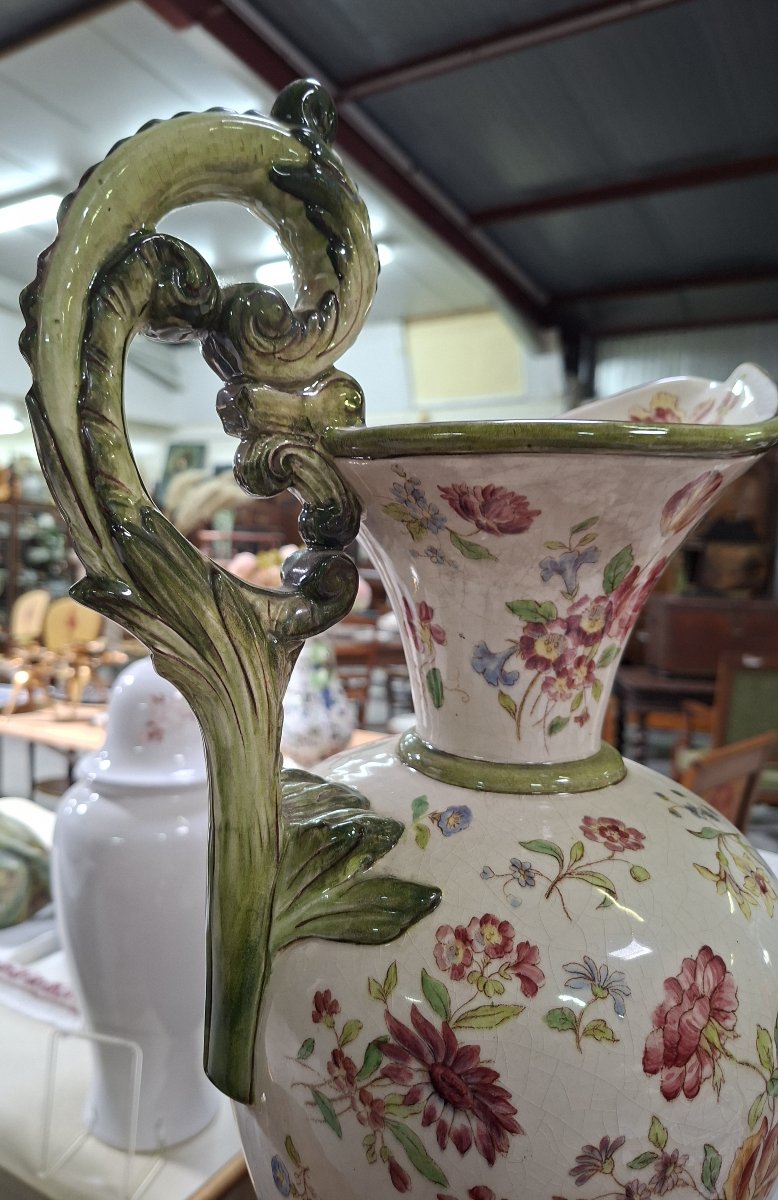 Large Polychrome Earthenware Ewer – Floral Design – Rocaille Style -photo-2