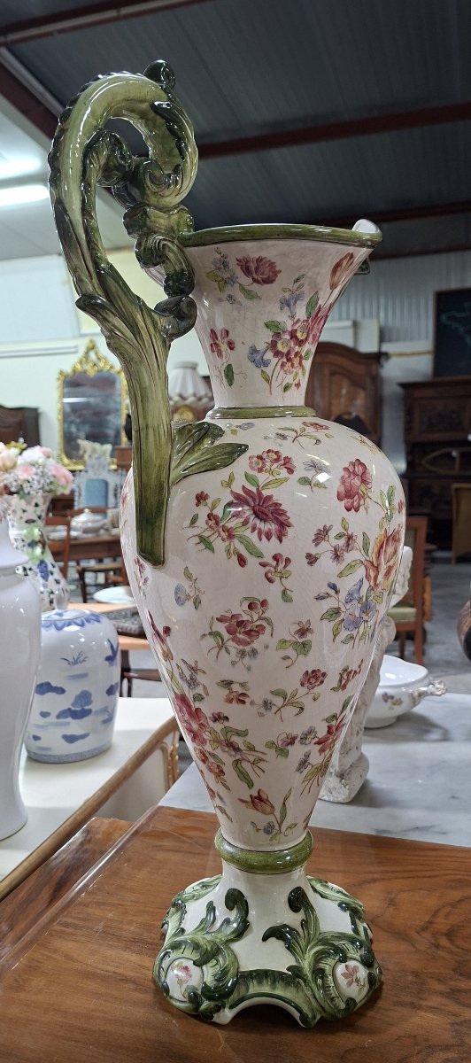 Large Polychrome Earthenware Ewer – Floral Design – Rocaille Style -photo-3