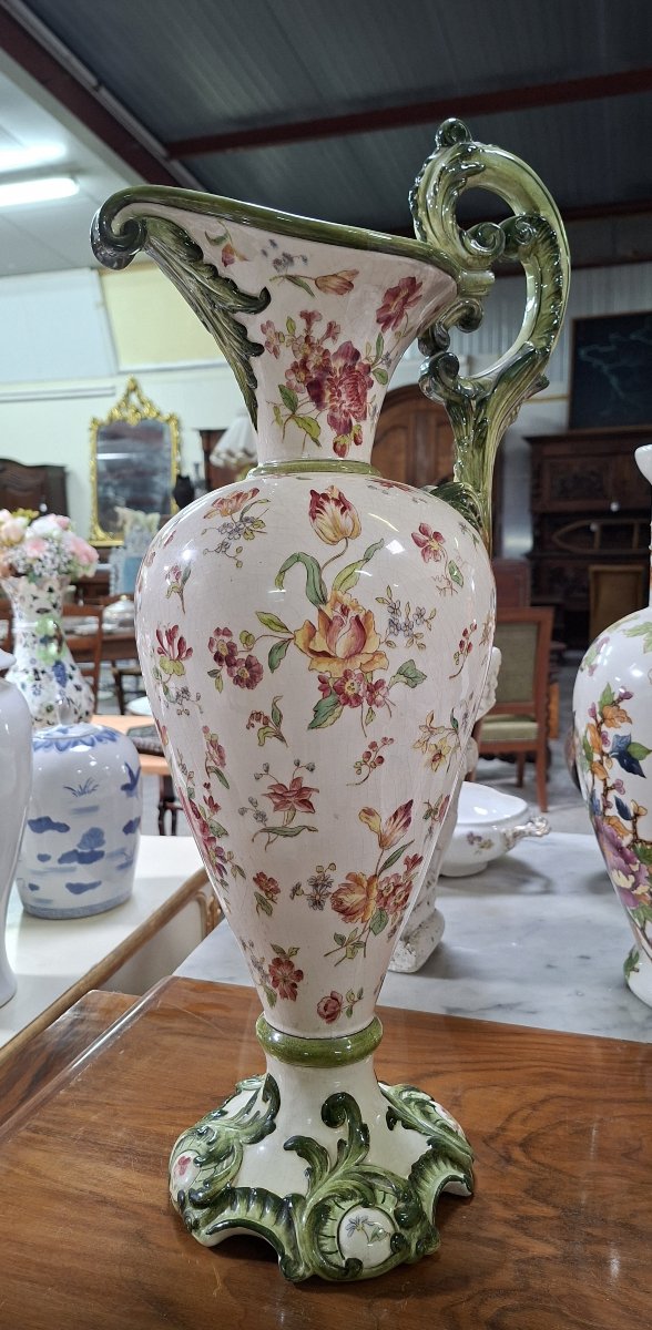 Large Polychrome Earthenware Ewer – Floral Design – Rocaille Style -photo-4