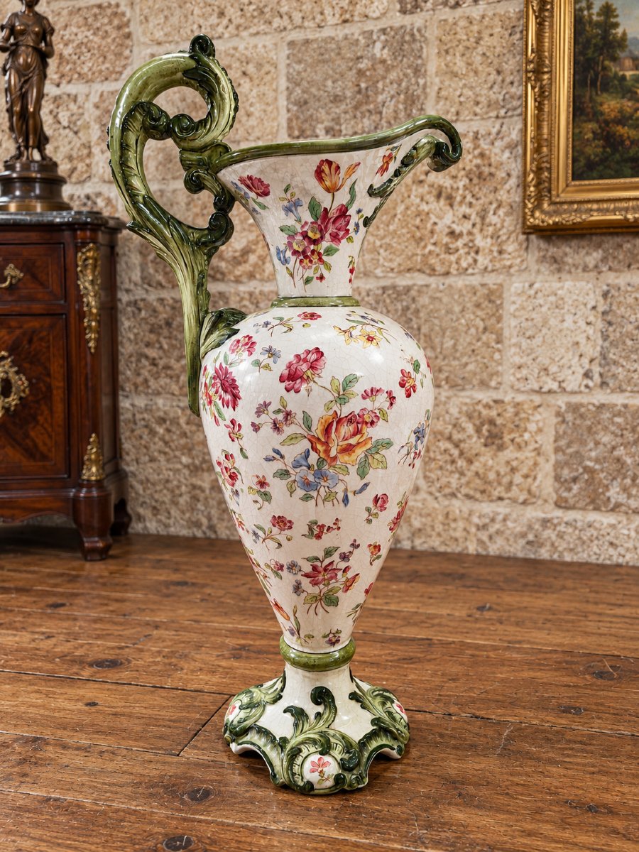Large Polychrome Earthenware Ewer – Floral Design – Rocaille Style 