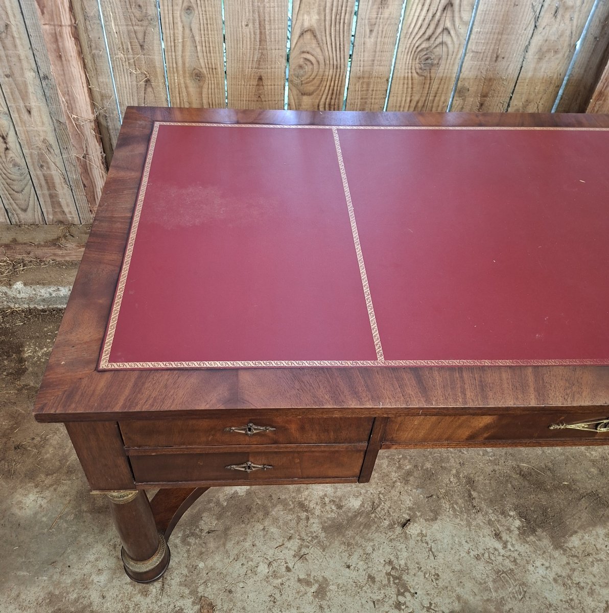 Large Mahogany Desk – Empire Style – Leather Top – Side Drawers -photo-3