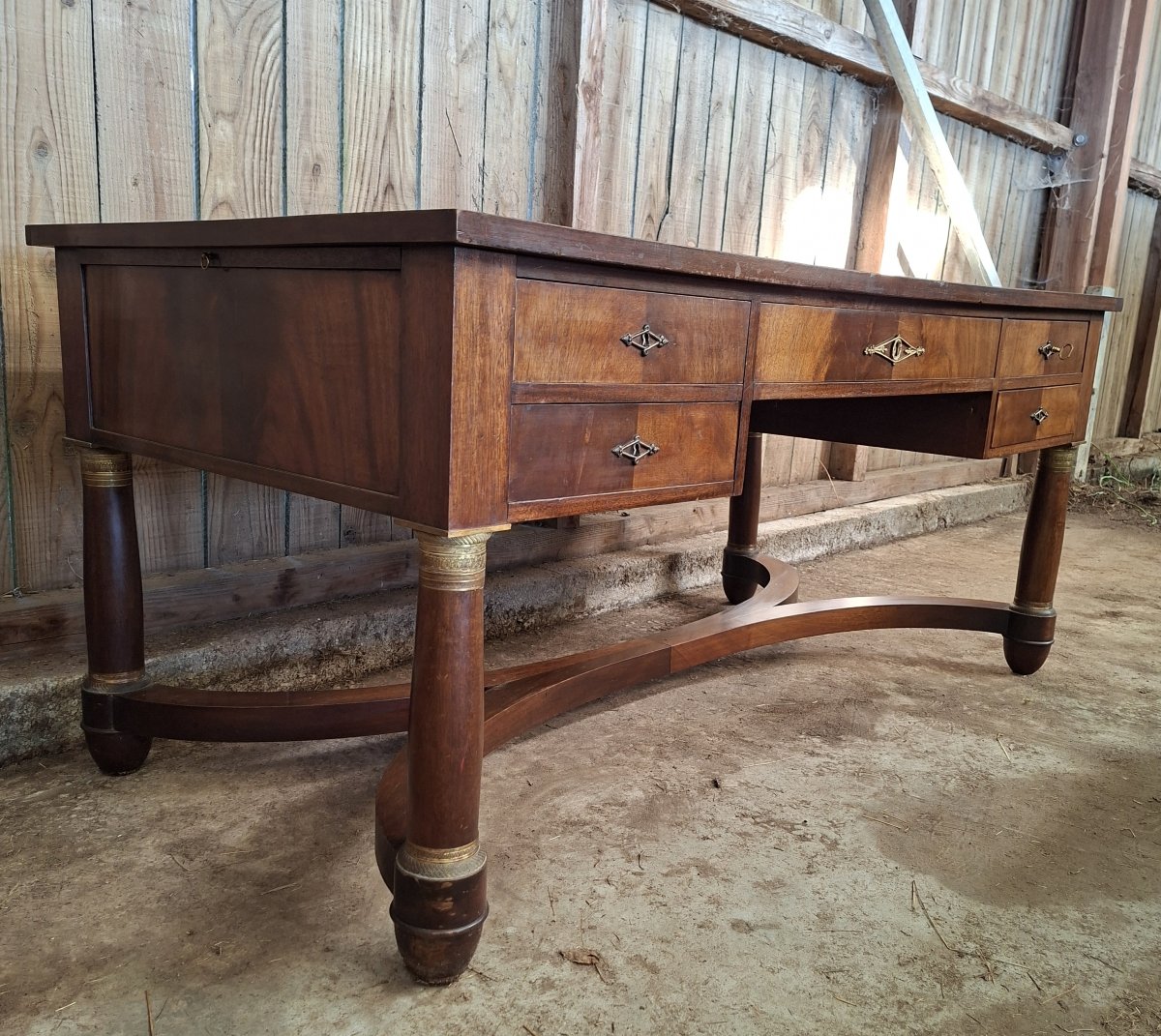 Large Mahogany Desk – Empire Style – Leather Top – Side Drawers -photo-4