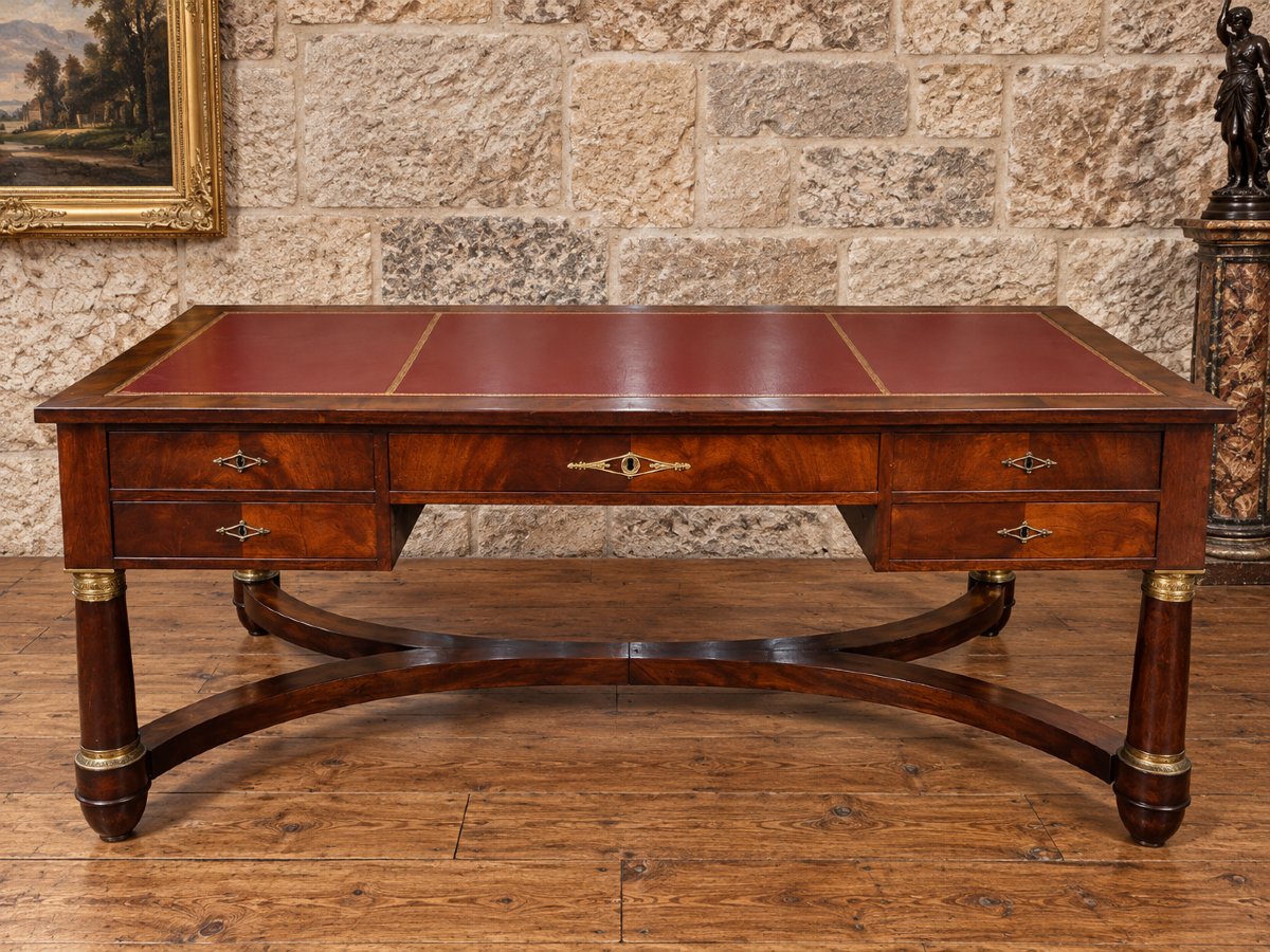 Large Mahogany Desk – Empire Style – Leather Top – Side Drawers 