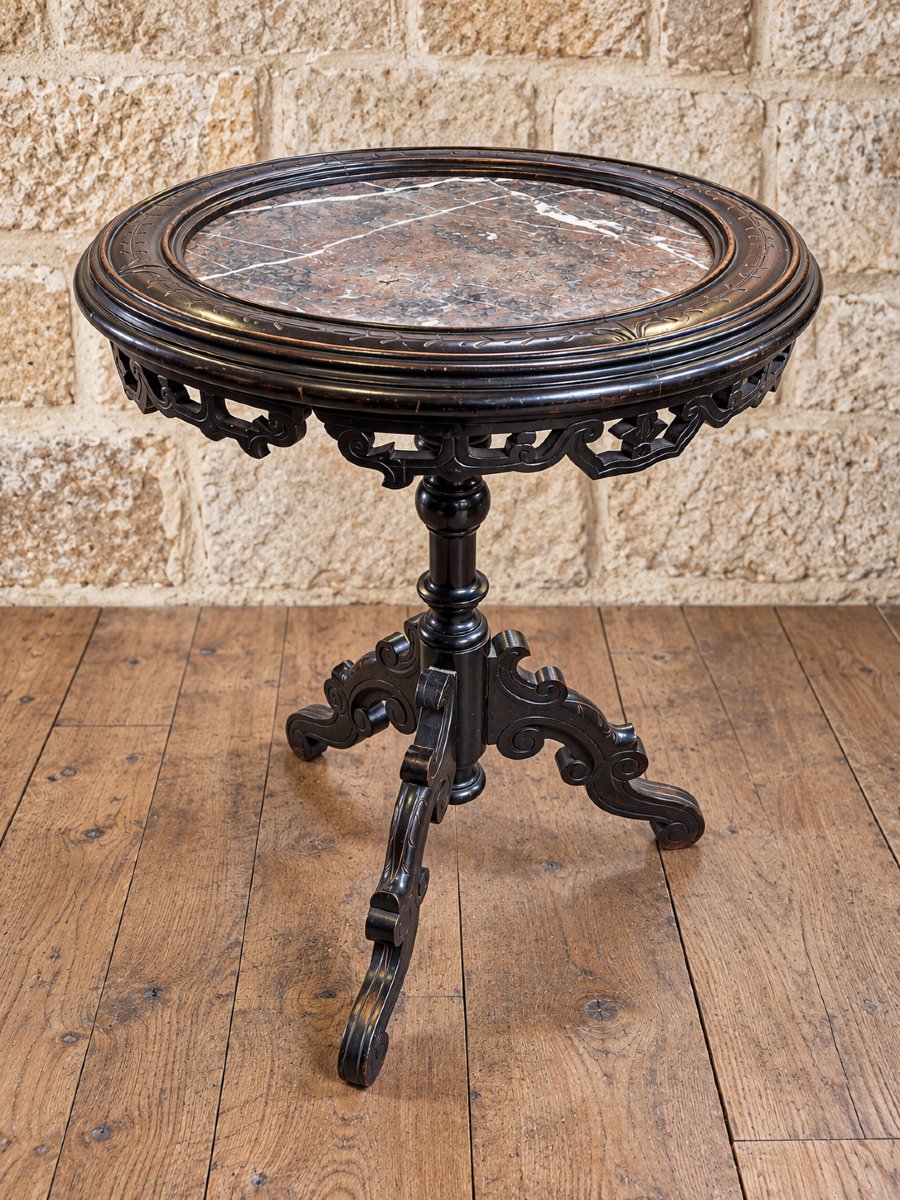 Napoleon III-style Pedestal Table In Blackened Wood And Marble – 19th Century 