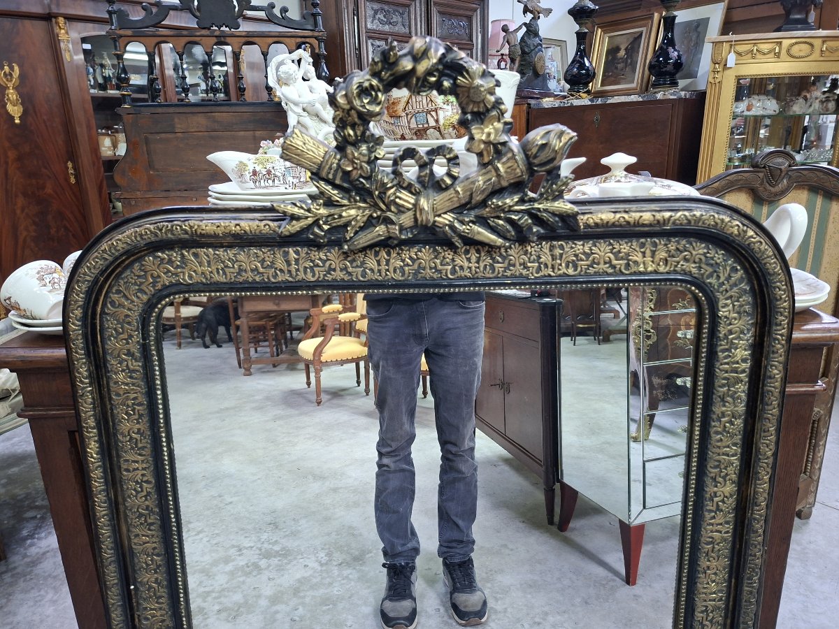 Napoleon III Mirror In Blackened And Gilded Wood – Decorated With A Quiver And A Wreath Of Flowers – 19th Century -photo-3