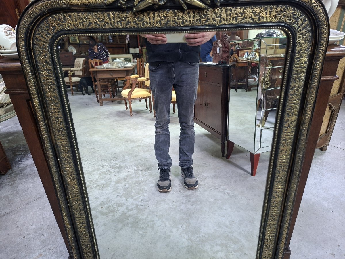 Napoleon III Mirror In Blackened And Gilded Wood – Decorated With A Quiver And A Wreath Of Flowers – 19th Century -photo-4