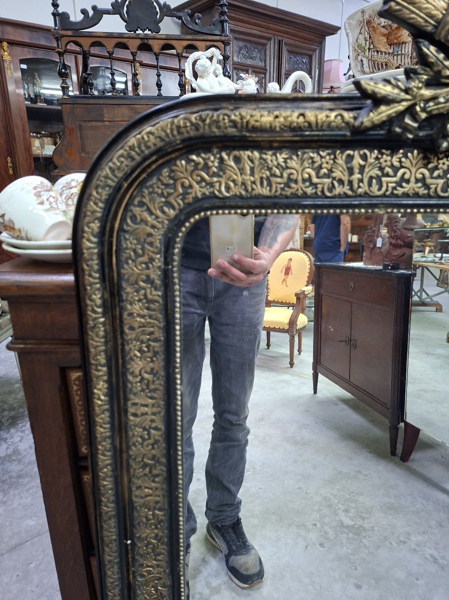 Napoleon III Mirror In Blackened And Gilded Wood – Decorated With A Quiver And A Wreath Of Flowers – 19th Century -photo-3