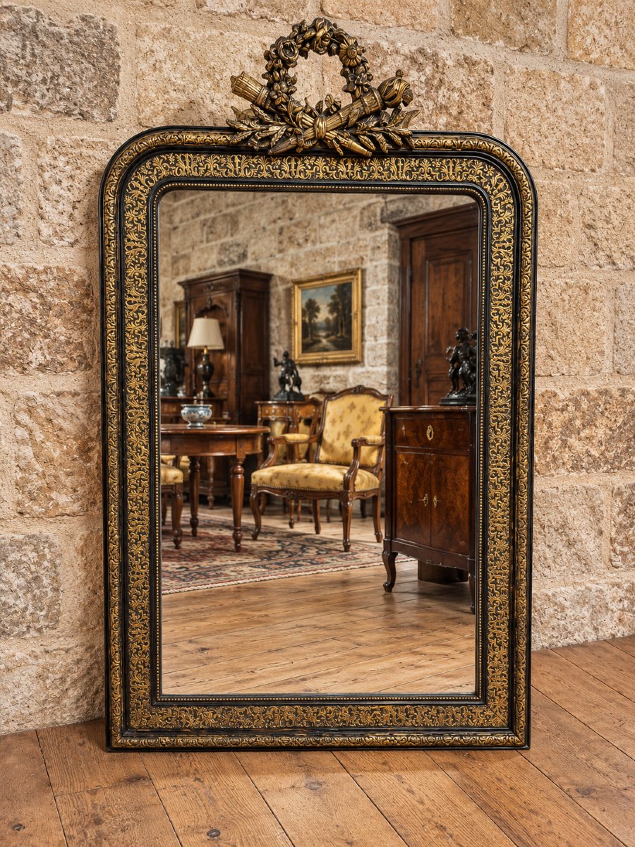 Napoleon III Mirror In Blackened And Gilded Wood – Decorated With A Quiver And A Wreath Of Flowers – 19th Century 