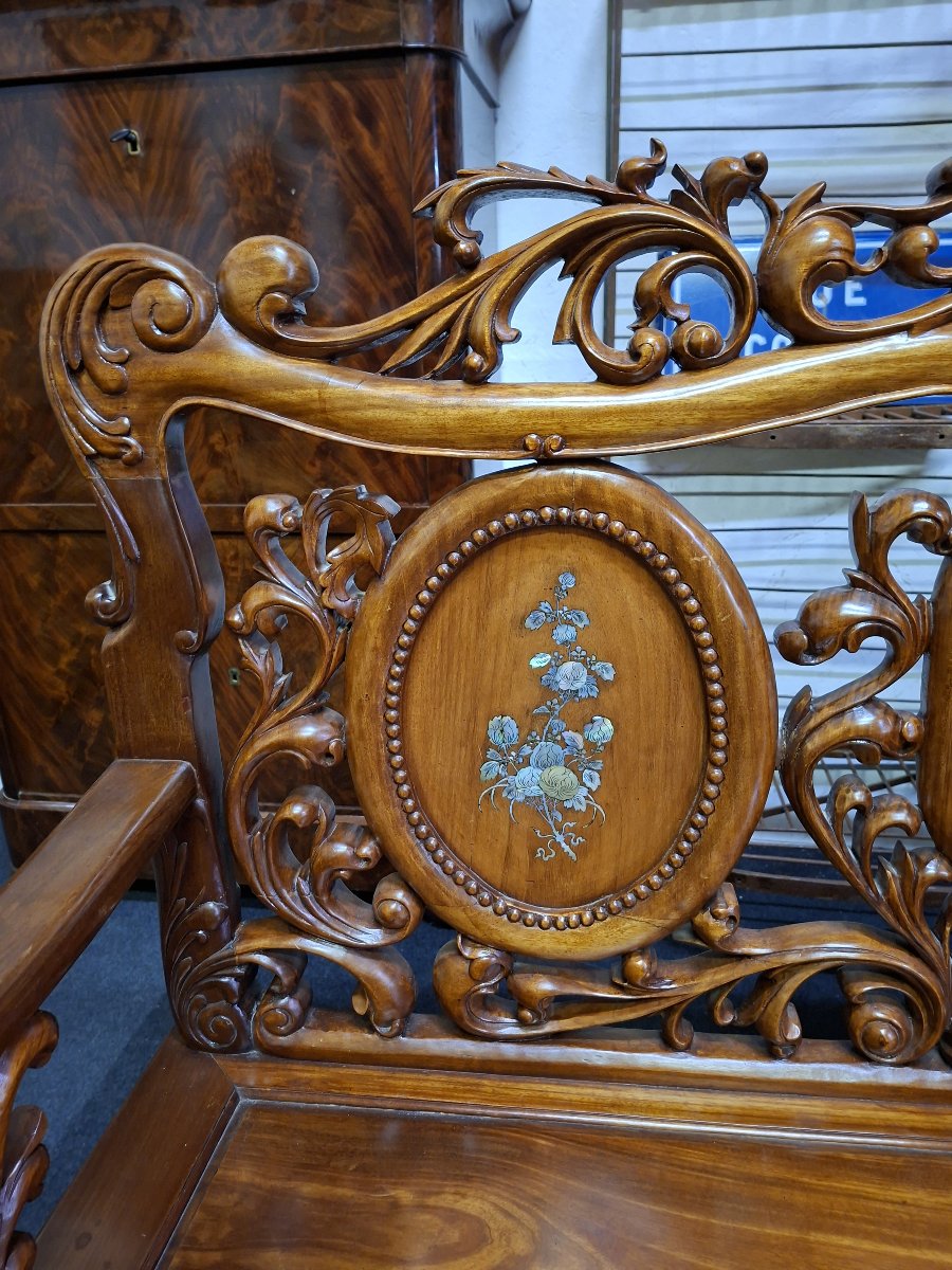 Banquette chinoise en bois sculpté et incrustations de nacre – XXe-photo-3