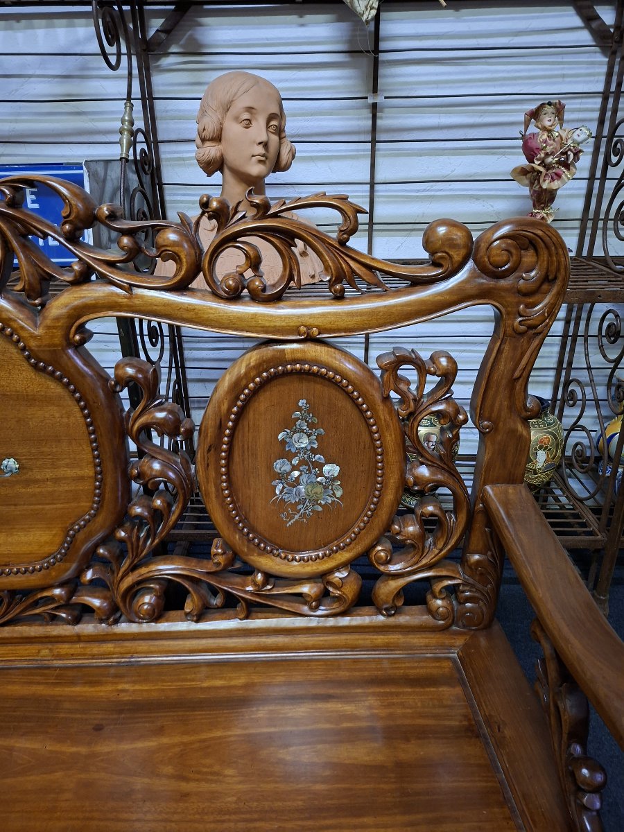 Banquette chinoise en bois sculpté et incrustations de nacre – XXe-photo-2