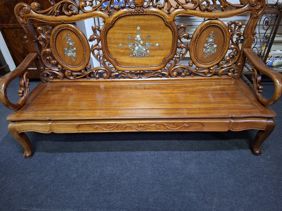Banquette chinoise en bois sculpté et incrustations de nacre – XXe-photo-3