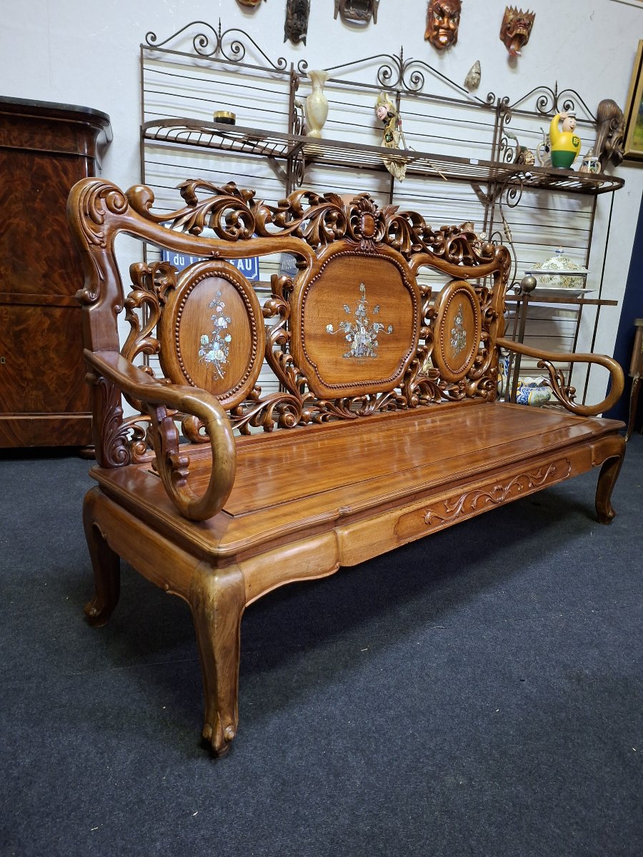 Banquette chinoise en bois sculpté et incrustations de nacre – XXe-photo-4