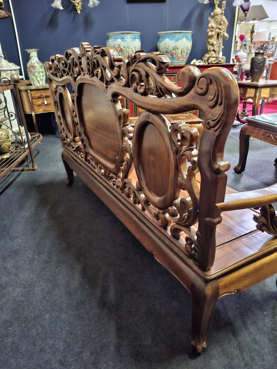 Banquette chinoise en bois sculpté et incrustations de nacre – XXe-photo-5