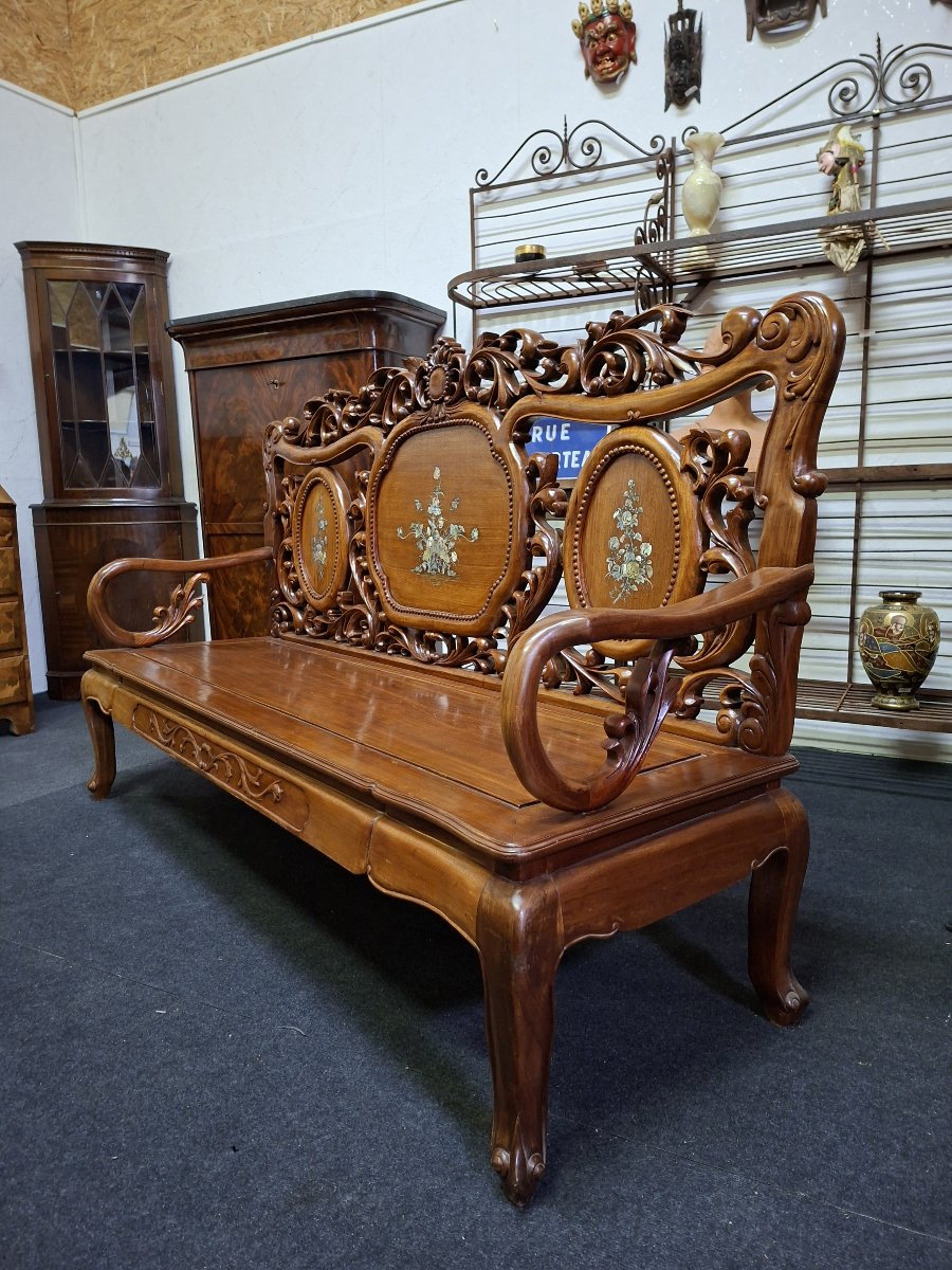 Banquette chinoise en bois sculpté et incrustations de nacre – XXe-photo-6