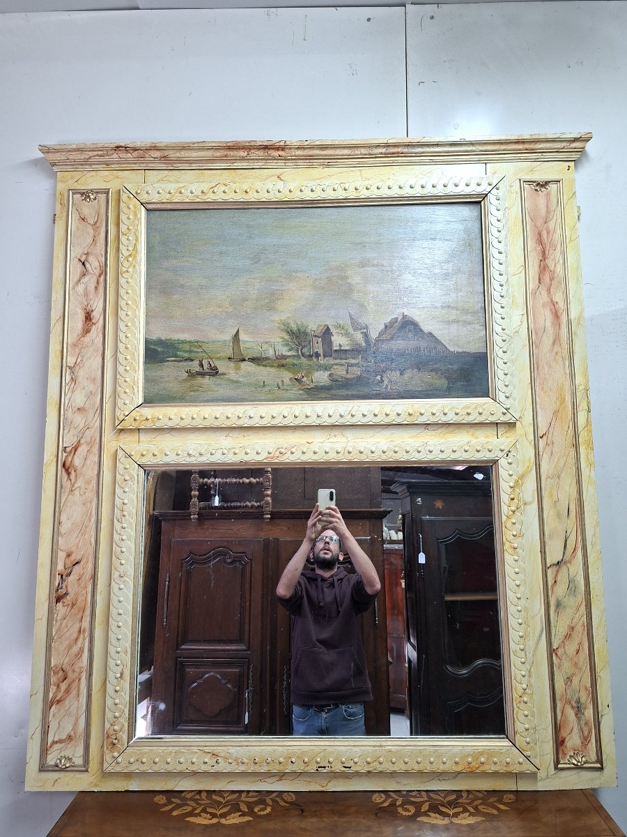Important Trumeau With Mirror And Landscape Painting – Faux Marble Decoration – 19th Century -photo-2