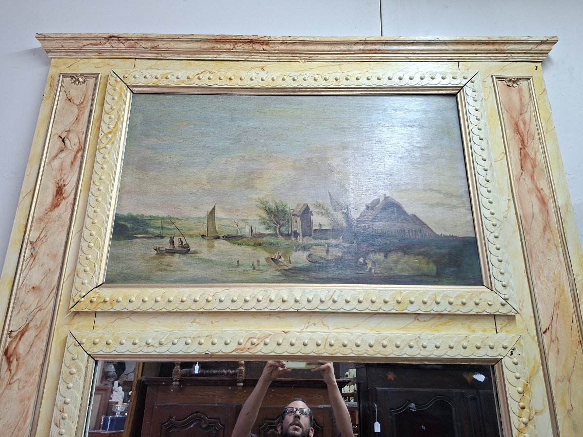 Important Trumeau With Mirror And Landscape Painting – Faux Marble Decoration – 19th Century -photo-3