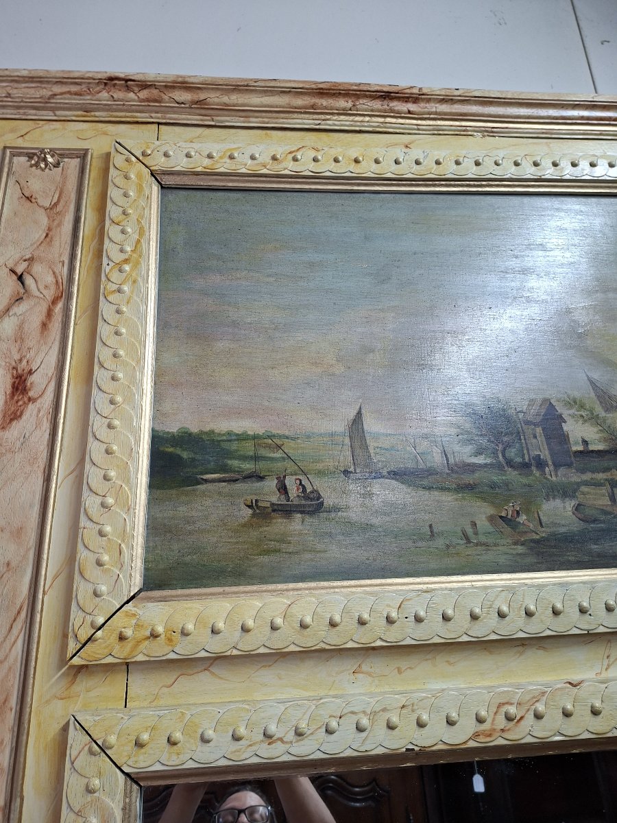 Important Trumeau With Mirror And Landscape Painting – Faux Marble Decoration – 19th Century -photo-1