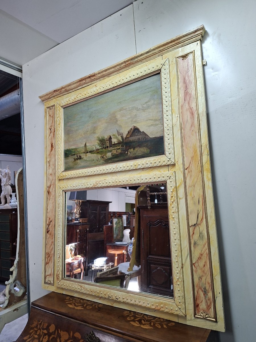 Important Trumeau With Mirror And Landscape Painting – Faux Marble Decoration – 19th Century -photo-4