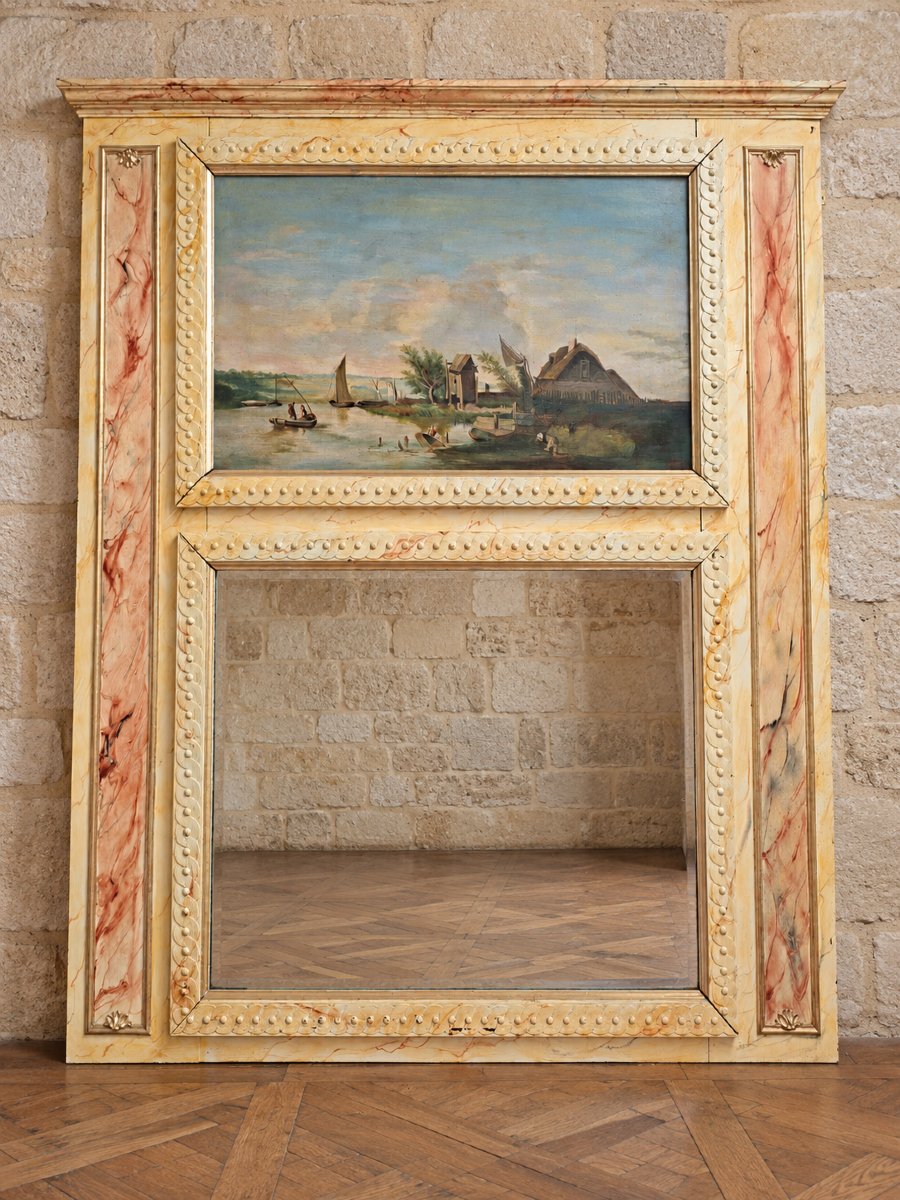 Important Trumeau With Mirror And Landscape Painting – Faux Marble Decoration – 19th Century 