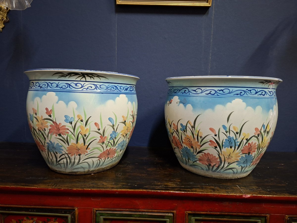 Pair Of Large Ceramic Planters With Polychrome Floral Decoration – China, 20th Century -photo-2