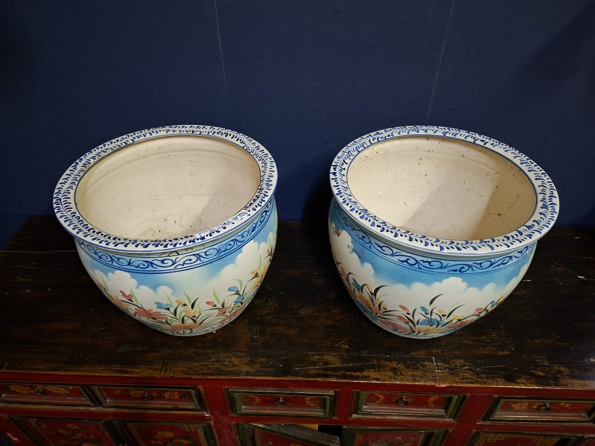 Pair Of Large Ceramic Planters With Polychrome Floral Decoration – China, 20th Century -photo-1