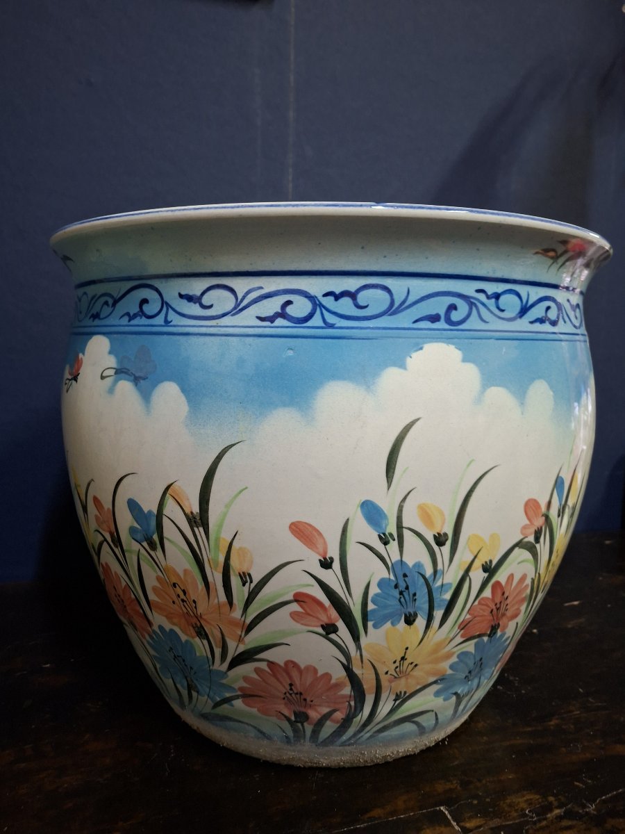 Pair Of Large Ceramic Planters With Polychrome Floral Decoration – China, 20th Century -photo-3