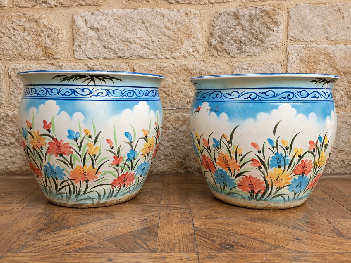 Pair Of Large Ceramic Planters With Polychrome Floral Decoration – China, 20th Century 